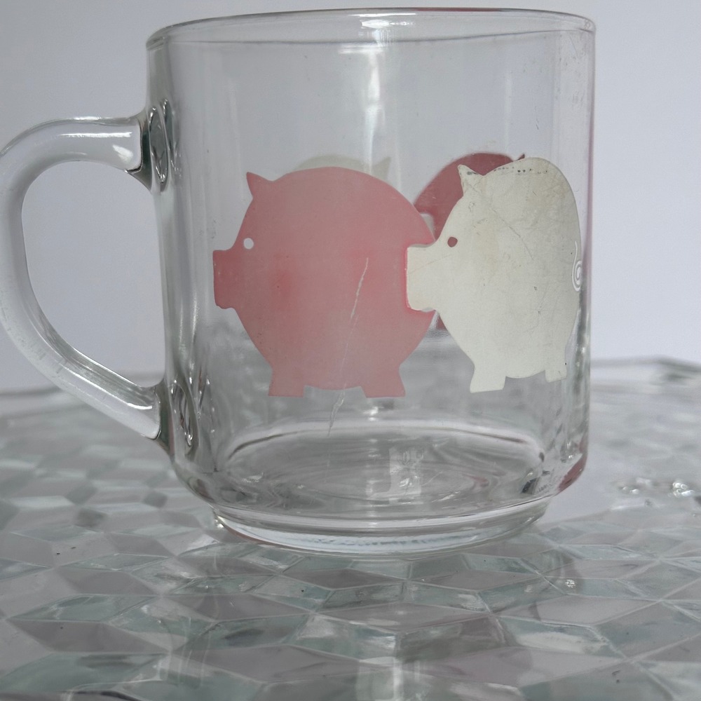 Vintage Luminarc Clear Glass Mug Pink White Piggy‎ Glass Mug Coffee Pig